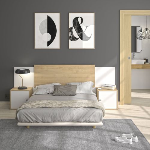 Tête de lit en bois extensible avec chevets Terre de Nuit Alix en chambre.