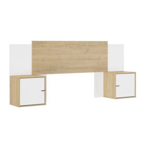 Vue en angle de la tête de lit en bois avec chevets intégrés Alix.