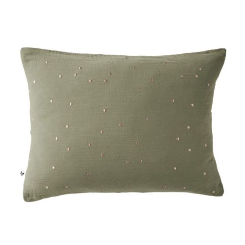 Taie d'oreiller à pois brodés double gaze de coton kaki 50x70 cm