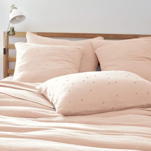 Lot de 2 taies d'oreillers à pois brodés double gaze de coton rose 50x70
