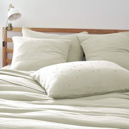 Lot de 2 taies d'oreillers à pois brodés double gaze de coton vert d'eau 60x60