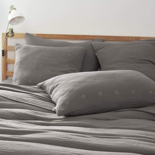 Lot de 2 taies d'oreillers brodées double gaze de coton gris anthracite 50x70