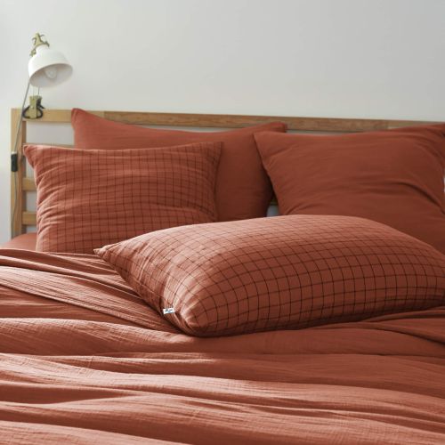 Taie d'oreiller à carreaux double gaze de coton orange