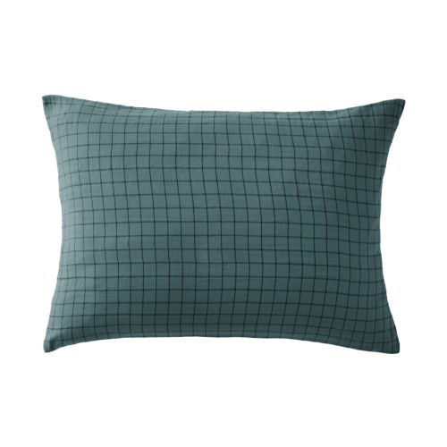 Taie d'oreiller à carreaux double gaze de coton bleu canard
