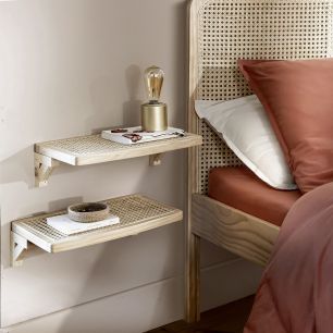 Lit adulte en pin massif cannage tête de lit + set de 2 planches de chevet cannage