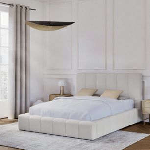 Lit coffre en tissu avec tête de lit beige
