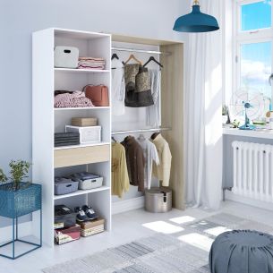 Dressing ouvert avec étagères et tiroir blanc et chêne - DR81007