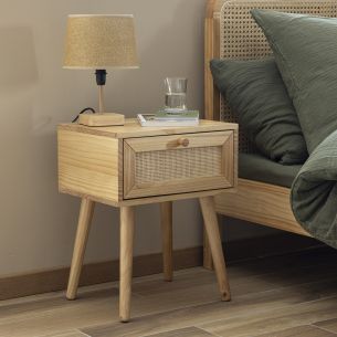 Chevet cannage avec tiroir bois naturel 