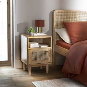 Lit adulte en pin massif tête de lit cannage + 2 chevets cannage 