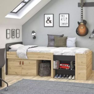 Lit tiroir enfant noir et chêne avec niches de rangement 90x200 