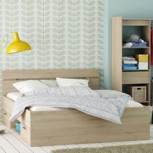 Lit tiroir avec niche de rangement en bois imitation chêne kronberg - LT202
