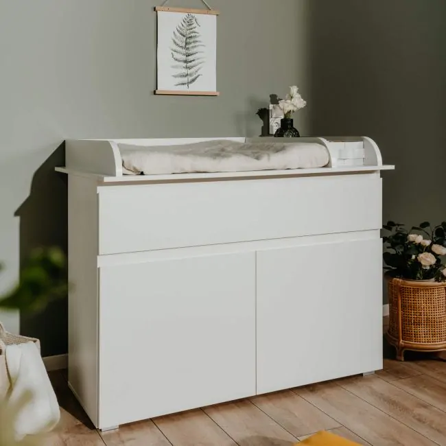 Commode à langer bébé 2 portes 1 tiroir en bois blanc - CO7083