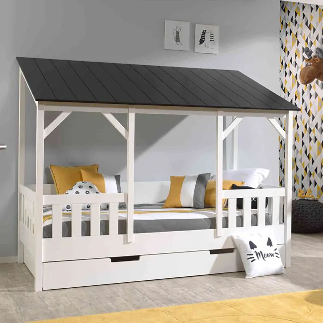Lit cabane enfant avec toit en bois 90x200 + tiroir de lit