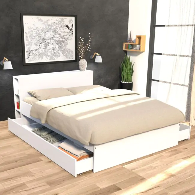 Inn adverb composite Lit 2 tiroirs avec tête de lit étagères en bois 140x190 - LT14018