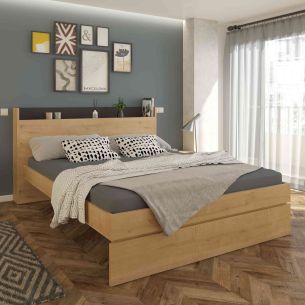 Lit avec tête de lit en bois imitation chêne - LI9051