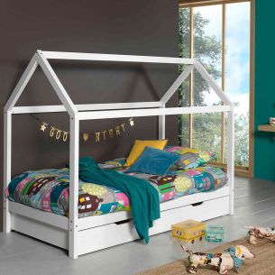 AMAEL - Lit cabane 1 place en pin avec 2 tiroirs de lit 90x200cm - blanc