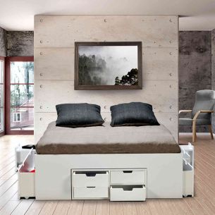 Lit tiroirs avec 2 chevets en bois blanc - LT14014