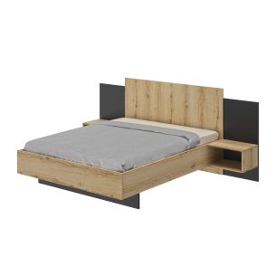 Lit avec tête de lit et chevets intégrés en bois imitation chêne - LT5062