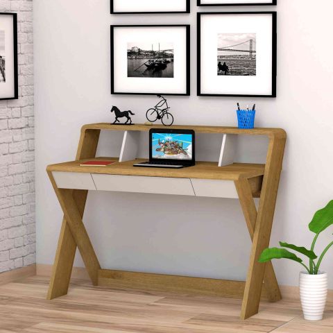 Bureau 1 tiroir en bois naturel et blanc - BU4018