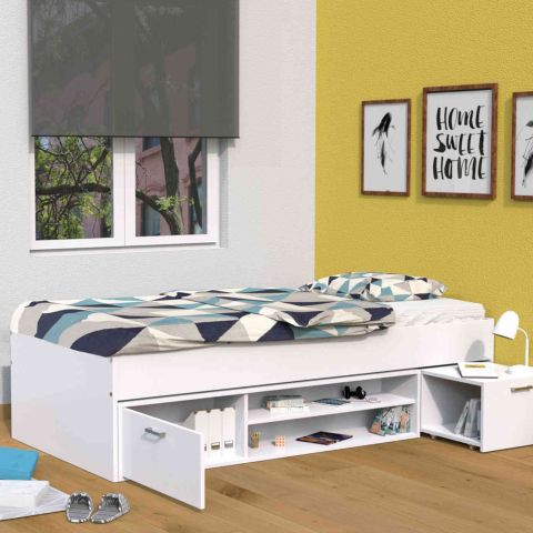 Lit enfant avec chevet intégré en bois blanc - LT14017
