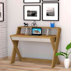 Bureau 1 tiroir en bois naturel et blanc - BU4018