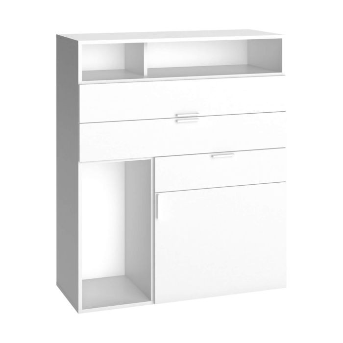 Commode 3 tiroirs 1 porte avec niches de rangement en bois blanc - CO17007 Commode 3 tiroirs 1 porte avec niches de rangement en bois blanc - CO17007