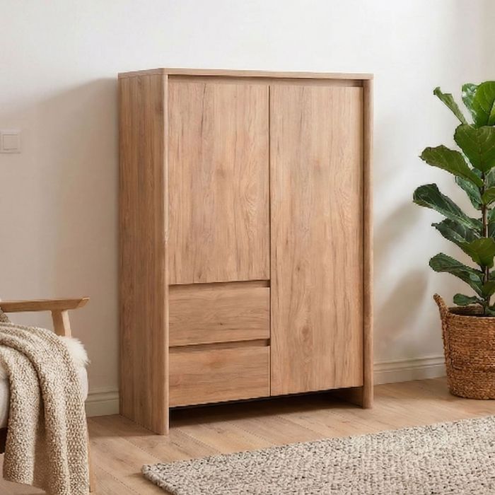 Armoire bois porte et tiroir au design épuré dans une chambre moderne et lumineuse