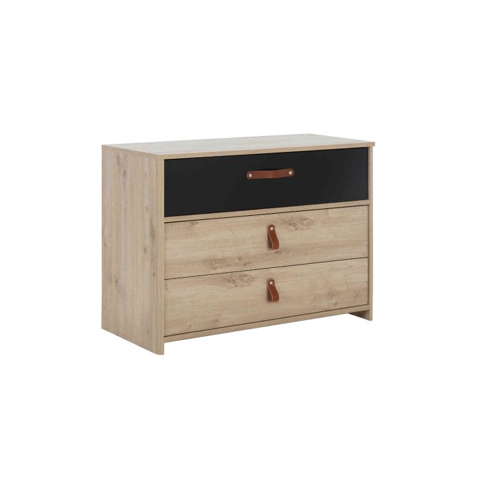 Commode enfant 3 tiroirs en bois imitation chêne clair et noir - CO5051 fond blanc