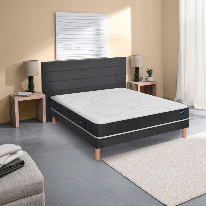 Ensemble matelas Bultex nano, mémoire de forme, coton et laine Recovery, sommier Mediano gris fumé et pieds