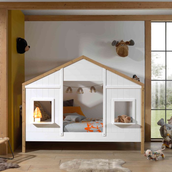 Lit cabane enfant en bois blanc et hêtre 90x200 cm - LT2051 Lit cabane enfant en bois blanc et hêtre 90x200 cm - LT2051