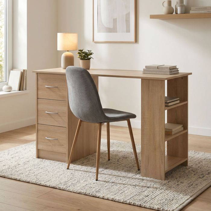 Bureau bois avec tiroirs et niches au design scandinave dans une chambre lumineuse