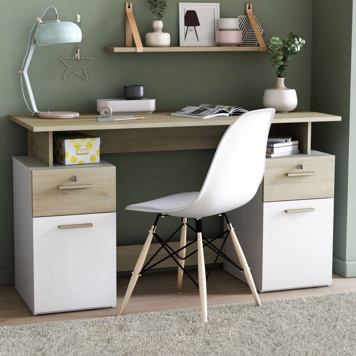 Bureau 2 portes et 2 tiroirs coloris chêne clair et blanc - BU223 Bureau 2 portes et 2 tiroirs coloris chêne clair et blanc - BU223