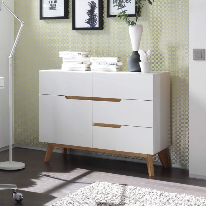 Commode 4 tiroirs 1 porte en bois blanc et chêne - CO16001-1 Commode 4 tiroirs 1 porte en bois blanc et chêne - CO16001-1