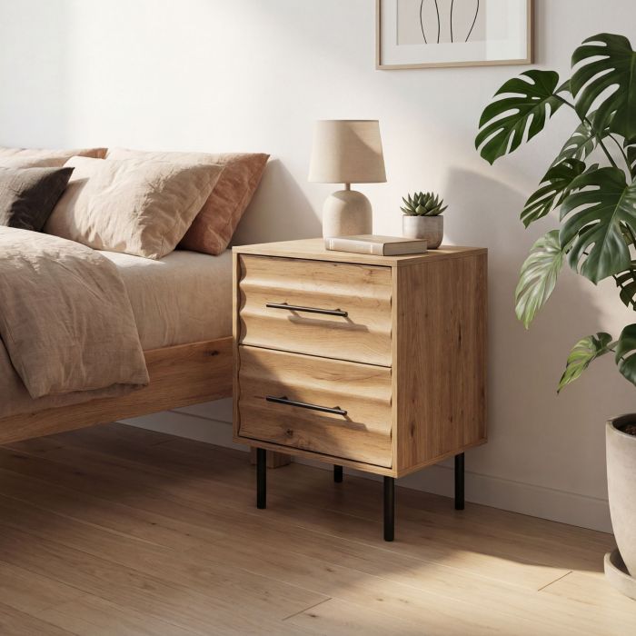 Chevet bois et métal avec tiroirs design dans une chambre moderne avec lit douillet