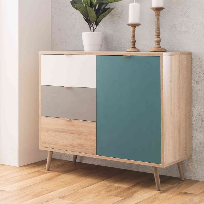 Commode 3 tiroirs 1 porte colorée scandinave