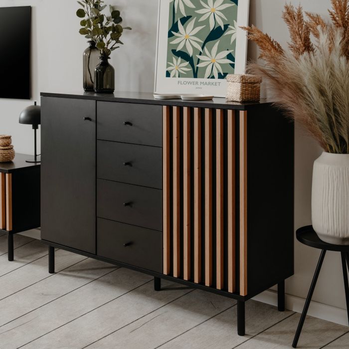 Commode 1 porte et 4 tiroirs noir à lamelles Commode 1 porte et 4 tiroirs noir à lamelles