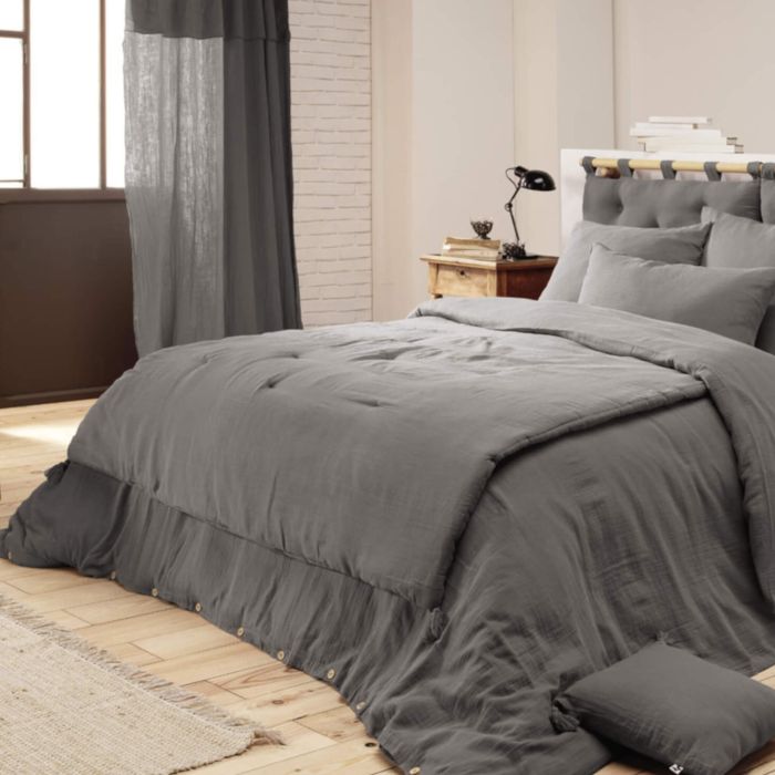 Couvre-lit double gaze de coton gris anthracite