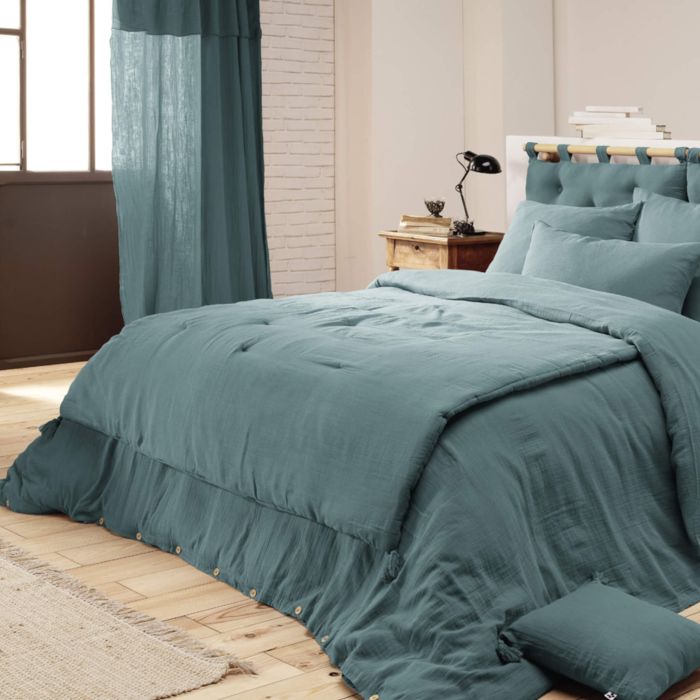 Couvre-lit double gaze de coton bleu canard