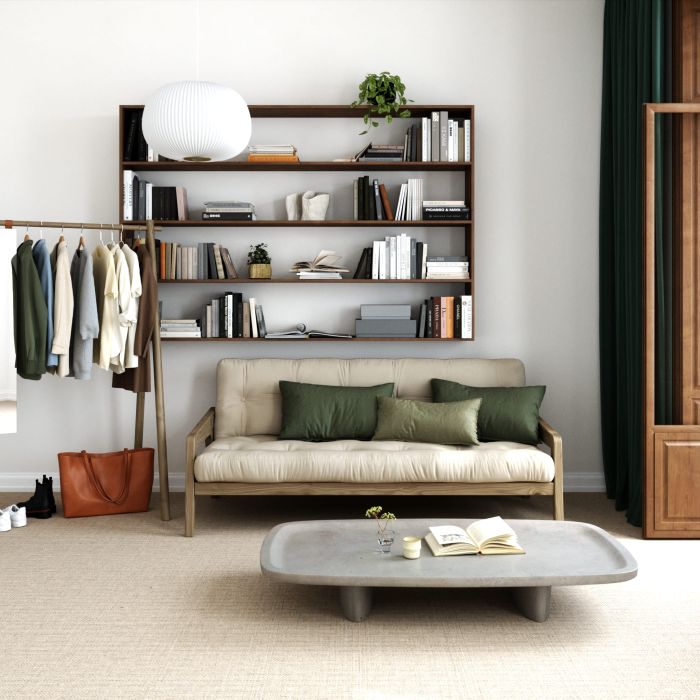 Banquette ajustable GRAB en pin massif foncé avec matelas futon 130x190