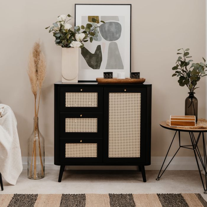 Commode 1 porte 3 tiroirs avec pieds en bois massif - CO7097