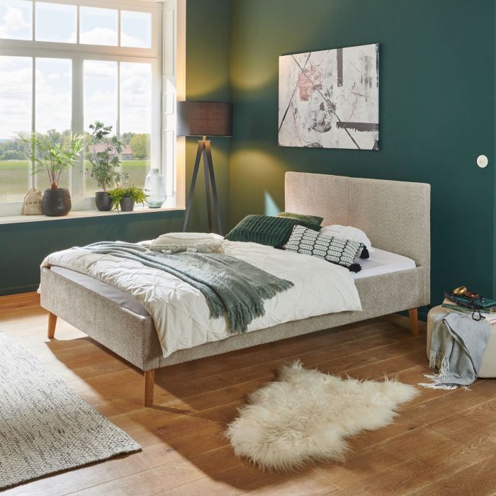 Lit en tissu bouclette rembourré avec pieds en bois massif taupe