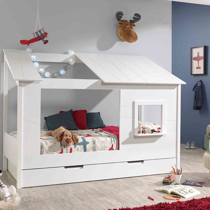 Lit cabane enfant avec toit et fenêtre en bois blanc 90x200 + tiroir de lit