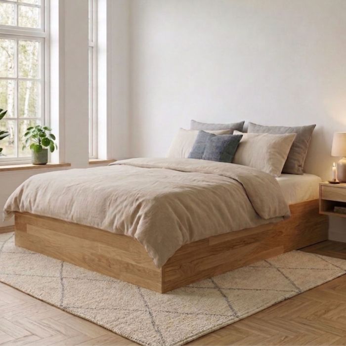 Lit coffre en bois massif naturel installé dans une chambre moderne et lumineuse