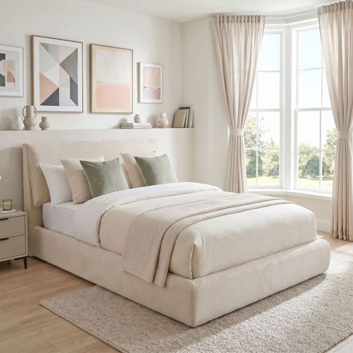 Lit coffre velours côtelé beige avec tête de lit dans une chambre moderne