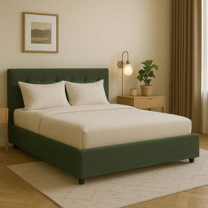 Lit coffre en velours côtelé grosses côtes avec tête de lit rembourrée