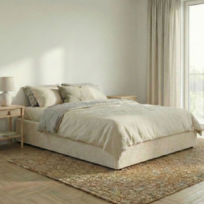 Lit coffre velours côtelé écru dans une chambre moderne et lumineuse
