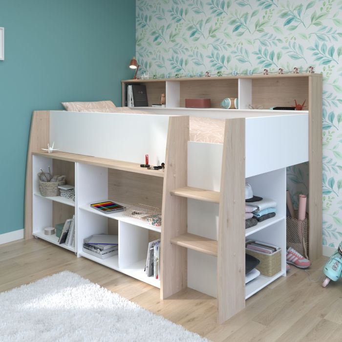 Lit combiné multifonctions Terre de Nuit blanc et bois avec rangements et étagères intégrées.