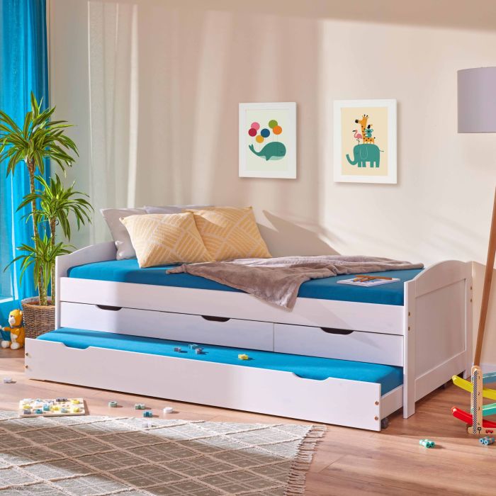 Lit gigogne 3 tiroirs en bois massif blanc laqué - LT12007