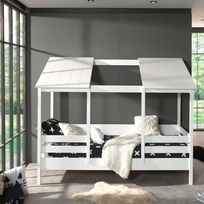 Lit cabane enfant avec toit en bois blanc 90x200 Lit cabane enfant avec toit en bois blanc 90x200