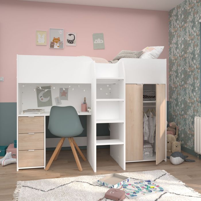 Lit mezzanine enfant Terre de Nuit blanc et bois avec bureau, armoire et échelle de rangement.